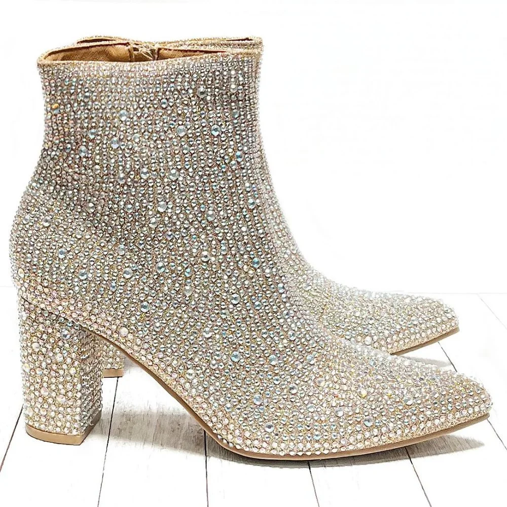 New Women Champagne Gold Rhinestone Glitter Pointy Ankle Boots Booties - Picture 5 of 9